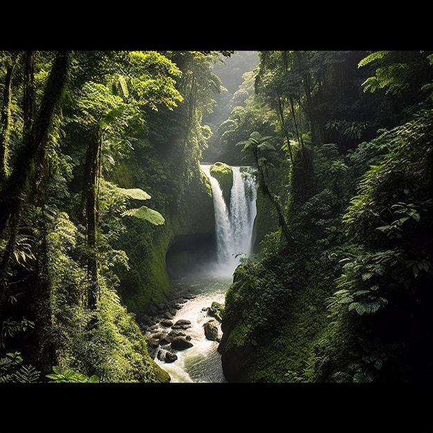 Wasserfall, der eine felsige Klippe hinunterstürzt, umgeben von üppiger Vegetation