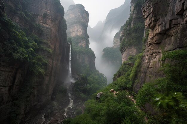 Foto wasserfall, der über die wände des canyons stürzt, mit nebel in der luft, erzeugt durch generative ki