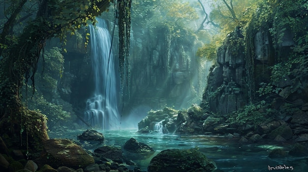 Wasserfall Efeu verlässt grafische Vektoren an jeder Grenze Fantasie Wald Landschaft Fantasie magisches Licht