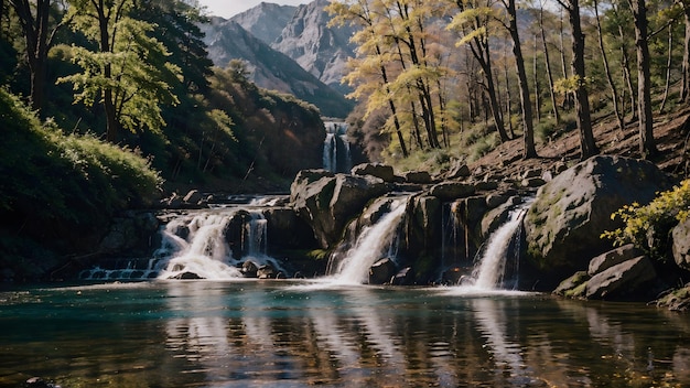 Wasserfall im Herbstwald Bergflusslandschaft Hintergrundbild