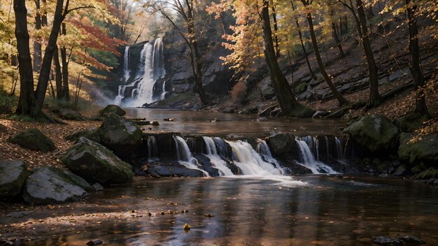 Wasserfall im Herbstwald Bergflusslandschaft Hintergrundbild