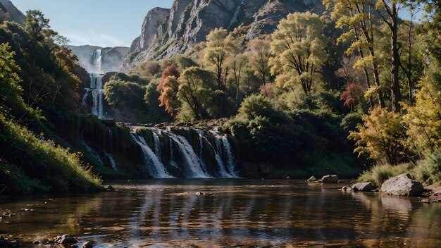 Wasserfall im Herbstwald Bergflusslandschaft Hintergrundbild