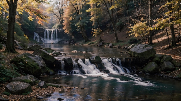 Wasserfall im Herbstwald Bergflusslandschaft Hintergrundbild