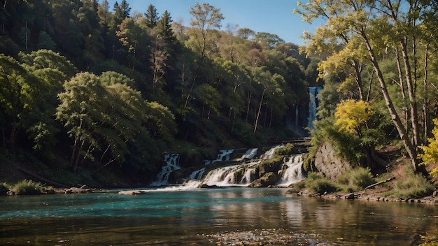 Wasserfall im Herbstwald Bergflusslandschaft Hintergrundbild