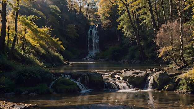 Wasserfall im Herbstwald Bergflusslandschaft Hintergrundbild