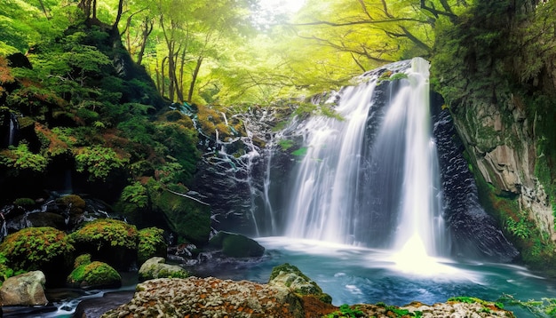 Wasserfall im Kikuchi-Tal und Rochen im Wald