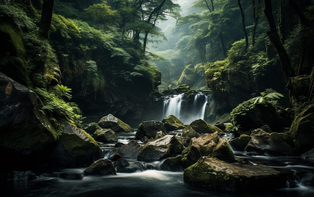 Wasserfall im tiefen Wald auf dem Berg