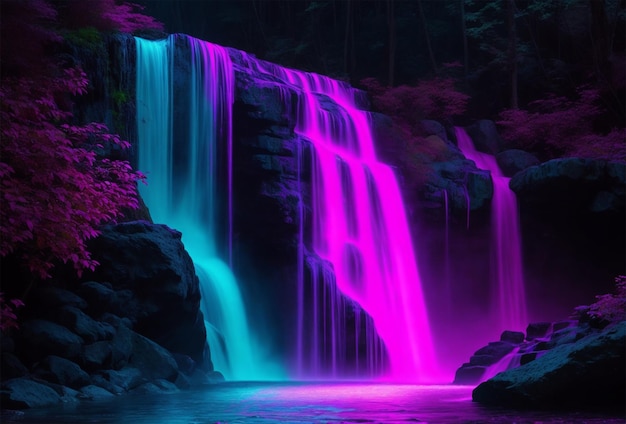 Wasserfall im tiefen Wald bei Nacht mit Langzeitbelichtung im Neonlicht