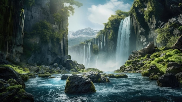 Wasserfall im Wald mit Bergen im Hintergrund