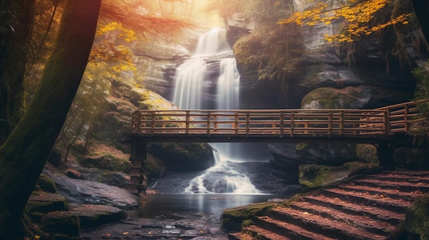 Wasserfall im Wald mit einer Brücke und Stufen, die dorthin führen