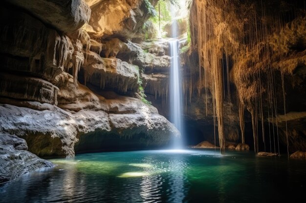 Wasserfall in der Höhle professionelle Fotografie AI generiert