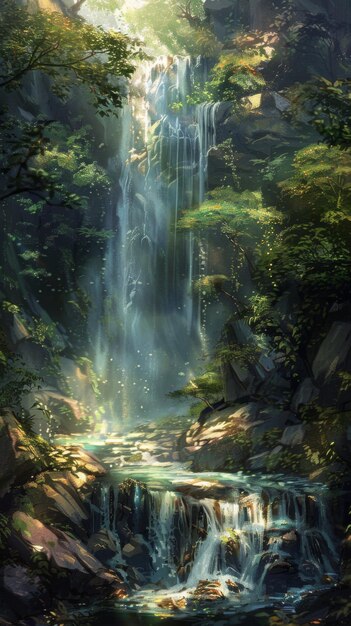 Wasserfall in einem Wald mit Sonne, die durch die Bäume scheint