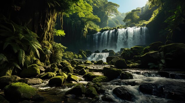 Foto wasserfall landschaft ein wasserfall, der in einem tropischen wald versteckt ist