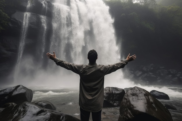 Foto wasserfall mann natur höhle generieren ai