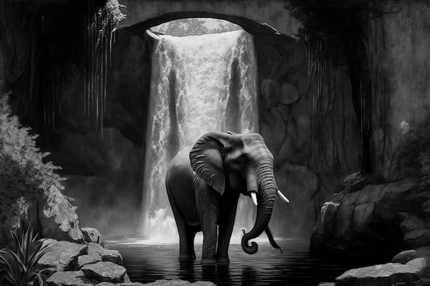 Wasserfall mit Elefant