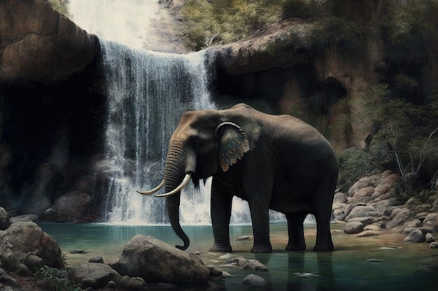 Wasserfall mit Elefant