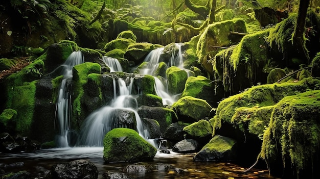 Wasserfall mit Felsen und grünem Moos im Wald Generative KI