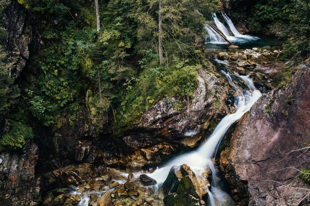 Wasserfall mit großen Steinen im Wald, Seeauge, Polen, Zakopane