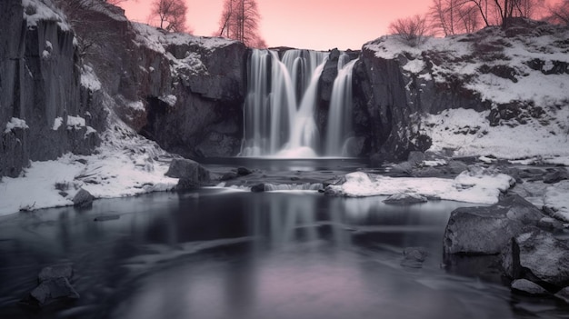 Wasserfall mitten in einem schneebedeckten Berg mit einem rosa Himmel
