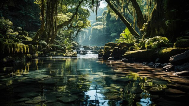 Foto wasserfall mitten in einem wunderschönen wald mit einem türkisfarbenen becken