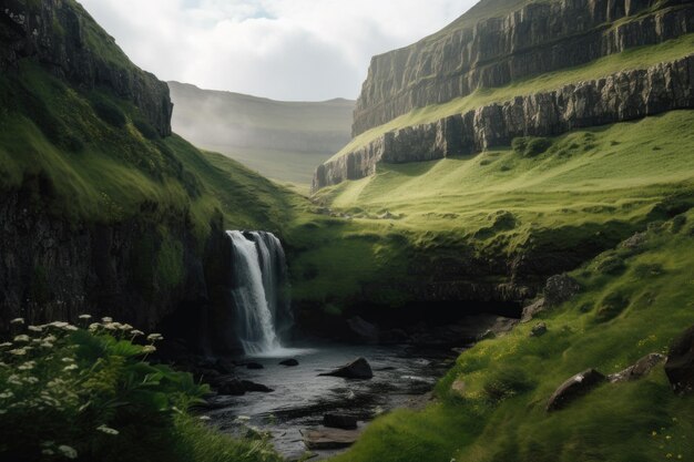 Wasserfall umgeben von üppigem Grün und hoch aufragenden Klippen, erstellt mit generativer KI