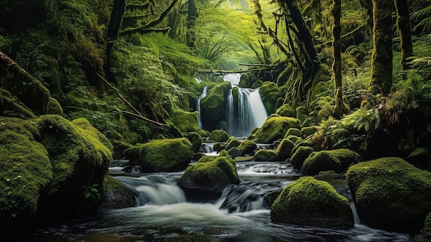 Wasserfallkaskaden in einem grünen Wald Generative KI