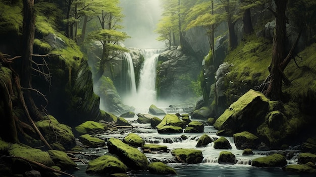 Wasserfallkaskaden in einem grünen Wald Generative KI