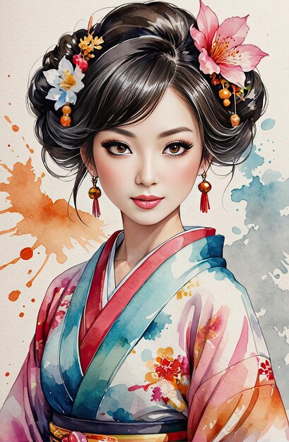 Wasserfarbe japanischer Kimono Schönheit mit generativer KI