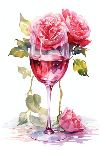 Wasserfarbe mit Rosen und Wein