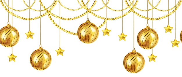 Wasserfarbe nahtlose Grenze mit Weihnachtsbaum Spielzeug glänzende Goldkugeln Girlanden aus Goldglitzer Perlen