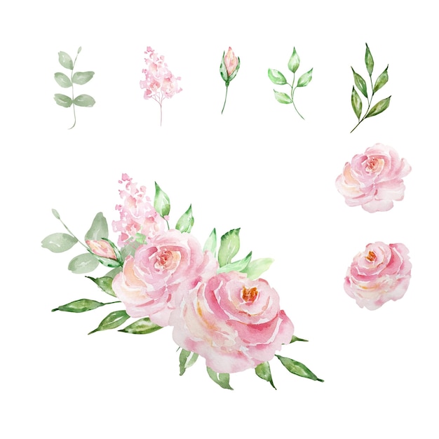 Wasserfarbe Rosa ästhetische Rosen Bouquet elegante Blüten und Blätter