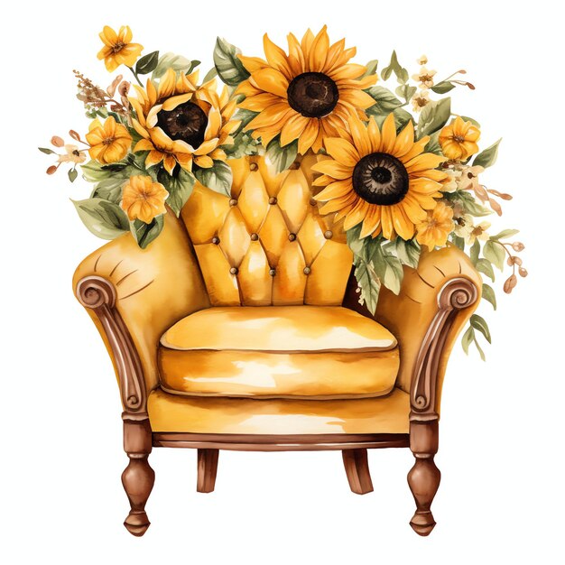 Wasserfarbe Sonnenblumen Gelber Stuhl Cottagecore-Stil Blumengarten Teeparty