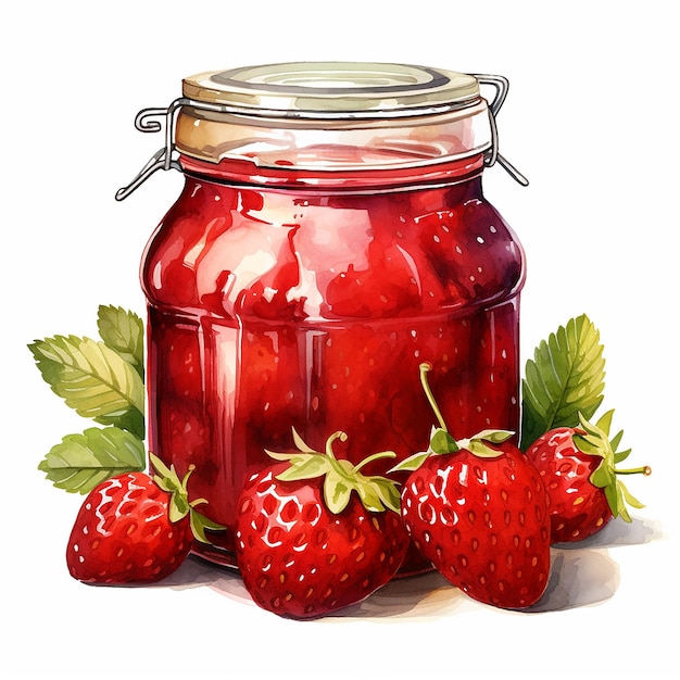 Wasserfarbe_Stil_ Erdbeere_ Jam_ Jar_ Clipart_ Weiß_ Backgr