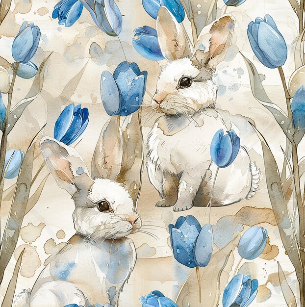 Wasserfarbige weiße Osterhase und hellblaue Tulpen auf beige Hintergrund