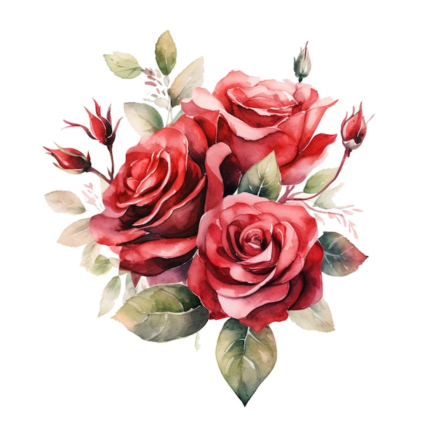 Wasserfarbiger Blumenstrauß aus roten Rosen und grünen Blättern auf weißem Hintergrund