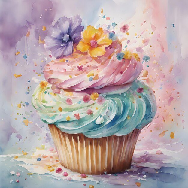 Wasserfarbiger hausgemachter cremig blau- und lila-rosa Cupcake mit gelber Blume auf der Spitze