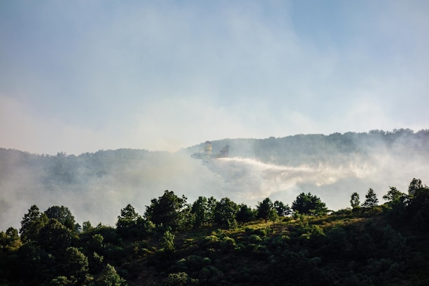 Wasserflugzeug startet Wasser während eines Waldbrandes