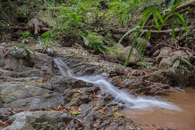 Wasserfluss am Tat Moel-Wasserfall im Khuntan-Berg-Nationalpark, der Khun Than-Bergkette des DoiKhun-Nationalparks, natürliche Grenze zwischen dem nördlichen Lamphun Lampang