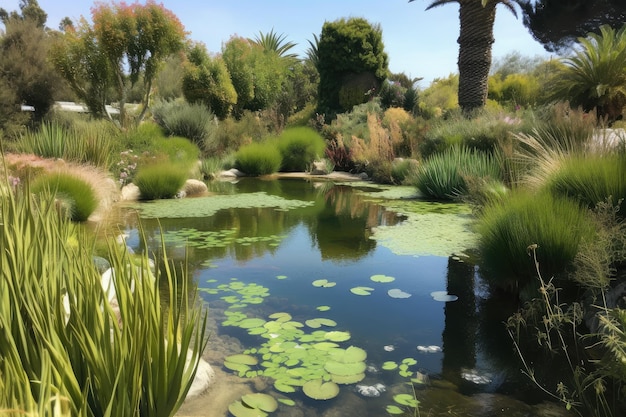 Foto wassergarten mit lebendigen pflanzen und seegräsern, die im wasser gedeihen und mit generativer ki geschaffen wurden