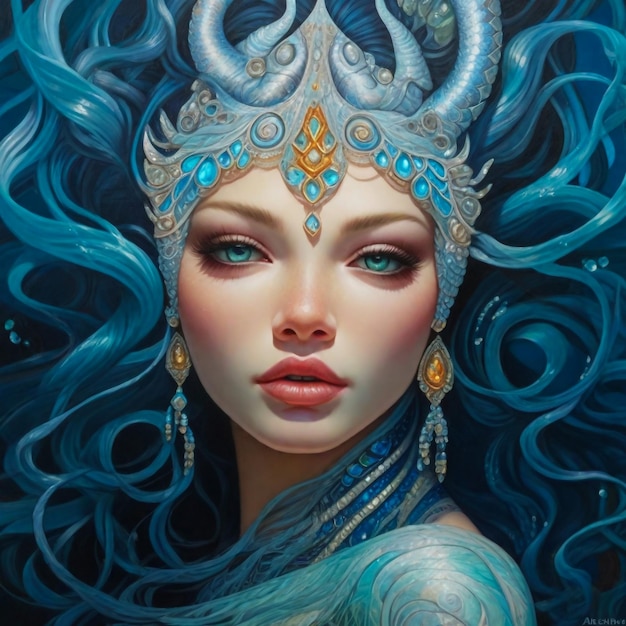 Wassergöttin Ehefrau von Neptun oder Poseidon Wasserkönigin Schöne Wasserjungfrau Porträt Illustration