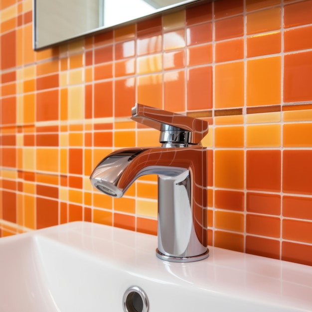 Wasserhahn im modernen Badezimmer mit orangefarbenen Fliesen