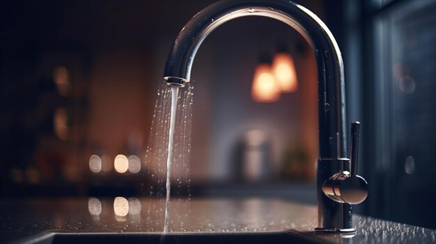 Wasserhahn mit fließendem Wasser auf der Arbeitsplatte in der Küche