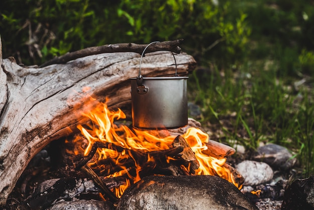 Wasserkocher über Feuer im Wald hängen