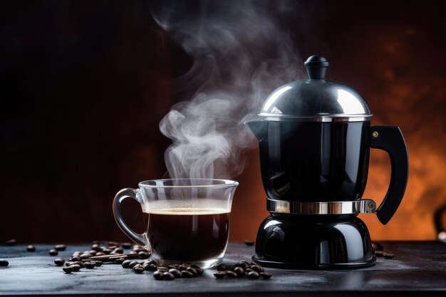 Wasserkocher und Kaffeetasse aus Glas auf dunklem Hintergrund, verstreute Kaffeebohnen