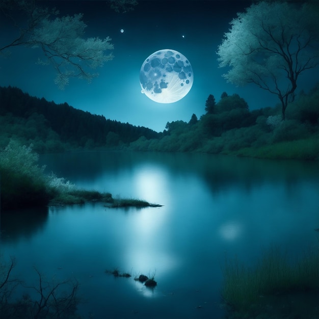 Wasserlandschaft und Mond-Illustration