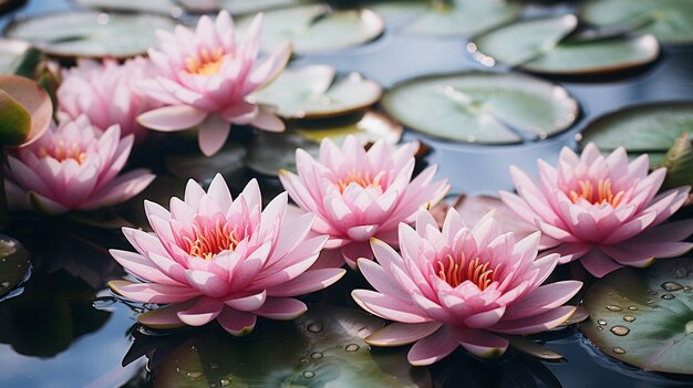 Foto wasserlilie auf dem see wasserreflexion bäume im wald wild lotus am sonnenuntergang himmel auf dem meer