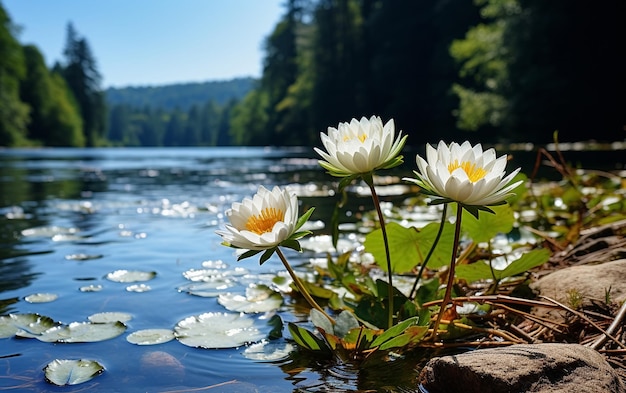 Foto wasserlilie auf dem see wasserreflexion bäume im wald wild lotus am sonnenuntergang himmel auf dem meer