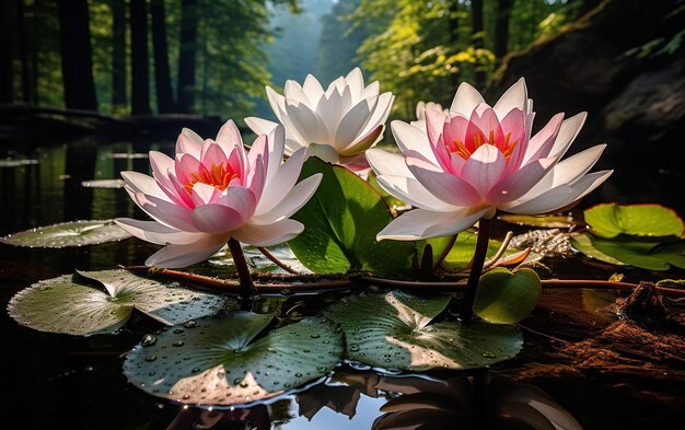 Foto wasserlilie auf dem see wasserreflexion bäume im wald wild lotus am sonnenuntergang himmel auf dem meer