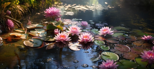 Wasserlilie auf dem See Wasserreflexion Bäume im Wald Wild Lotus am Sonnenuntergang