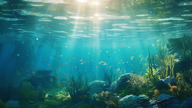 Wasserlinie und Unterwasserhintergrund mit Sonnenlicht